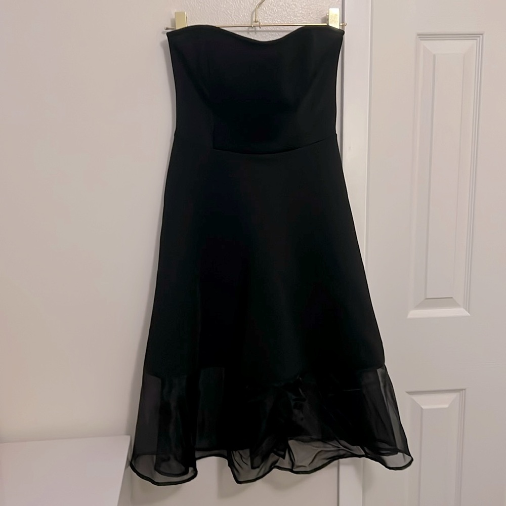Strapless black corset midi dress. Organza satin trimmed skirt